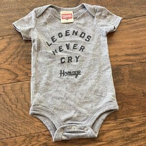 Gray Homage Legends Never Cry Baby Onesie